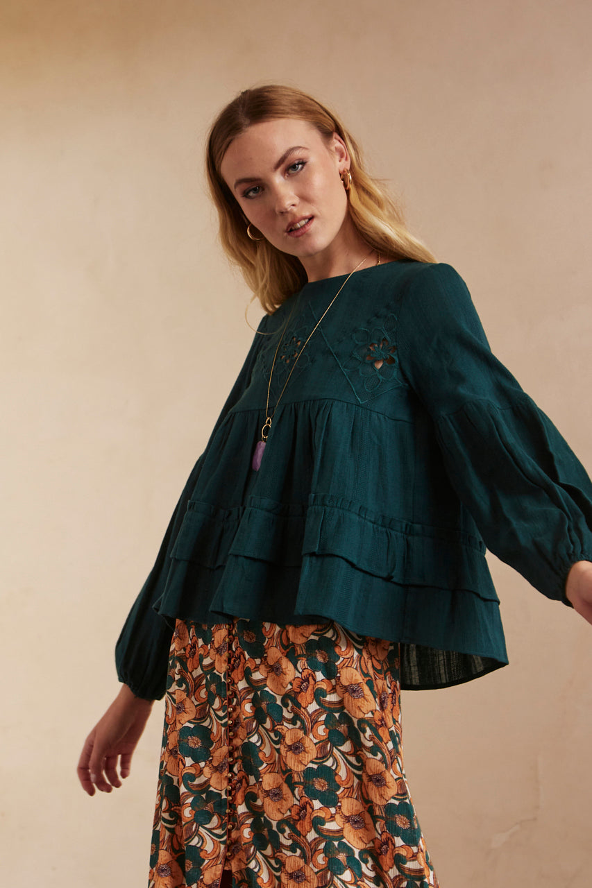 PLAIN, LONG-SLEEVED, WIDE BLOUSE WITH EMBROIDERY - GREEN