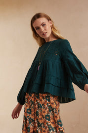 PLAIN, LONG-SLEEVED, WIDE BLOUSE WITH EMBROIDERY - GREEN