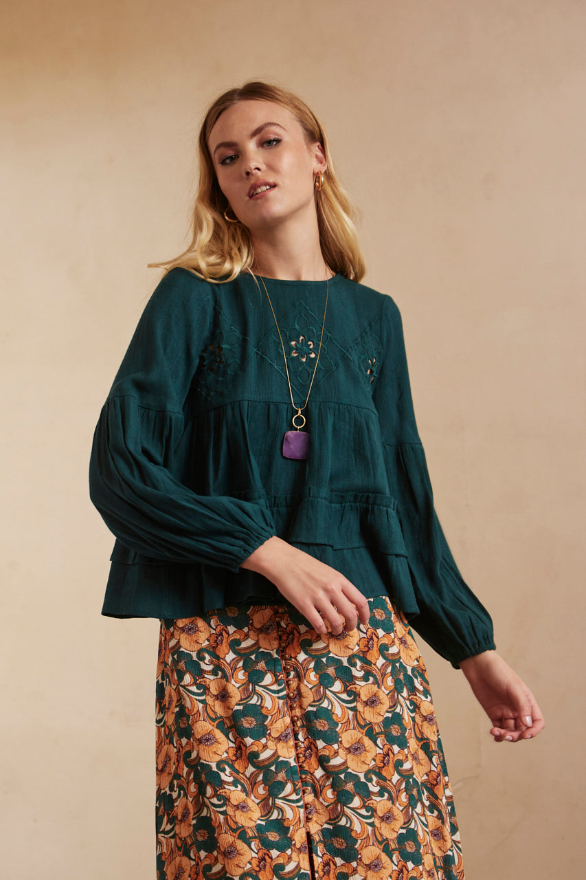 PLAIN, LONG-SLEEVED, WIDE BLOUSE WITH EMBROIDERY - GREEN