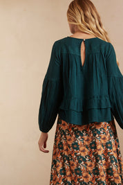 PLAIN, LONG-SLEEVED, WIDE BLOUSE WITH EMBROIDERY - GREEN