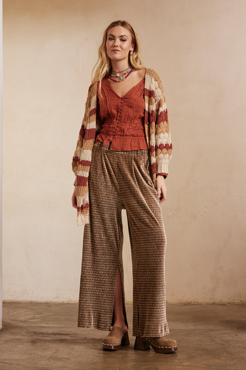 PLAIN FITTED BLOUSE WITH ELASTIC BANDS - BRICK