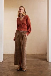 PLAIN FITTED BLOUSE WITH ELASTIC BANDS - BRICK