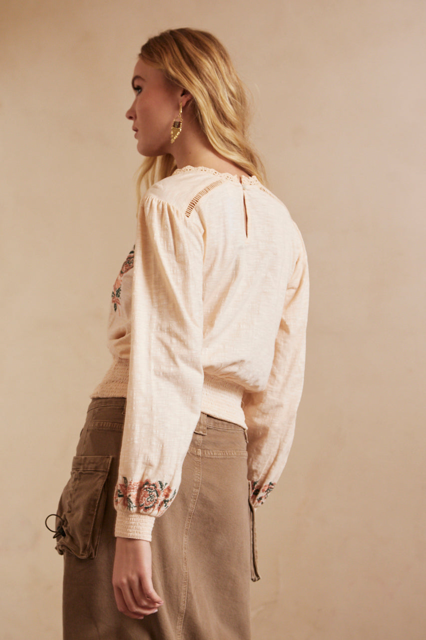 PLAIN FITTED BLOUSE WITH EMBROIDERY AND ELASTIC BANDS - ROSE