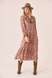 RETRO FLOWER MIDI DRESS - PEACH