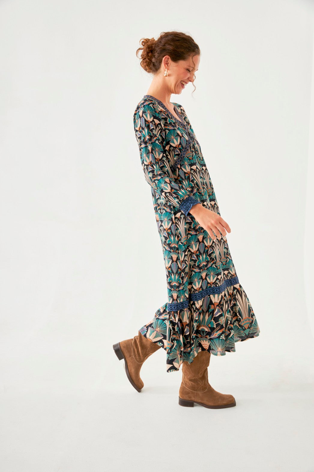 VESTIDO ESTAMPADO NATURE CINTAS BORDADAS - BLUE