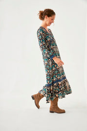 VESTIDO ESTAMPADO NATURE CINTAS BORDADAS - BLUE