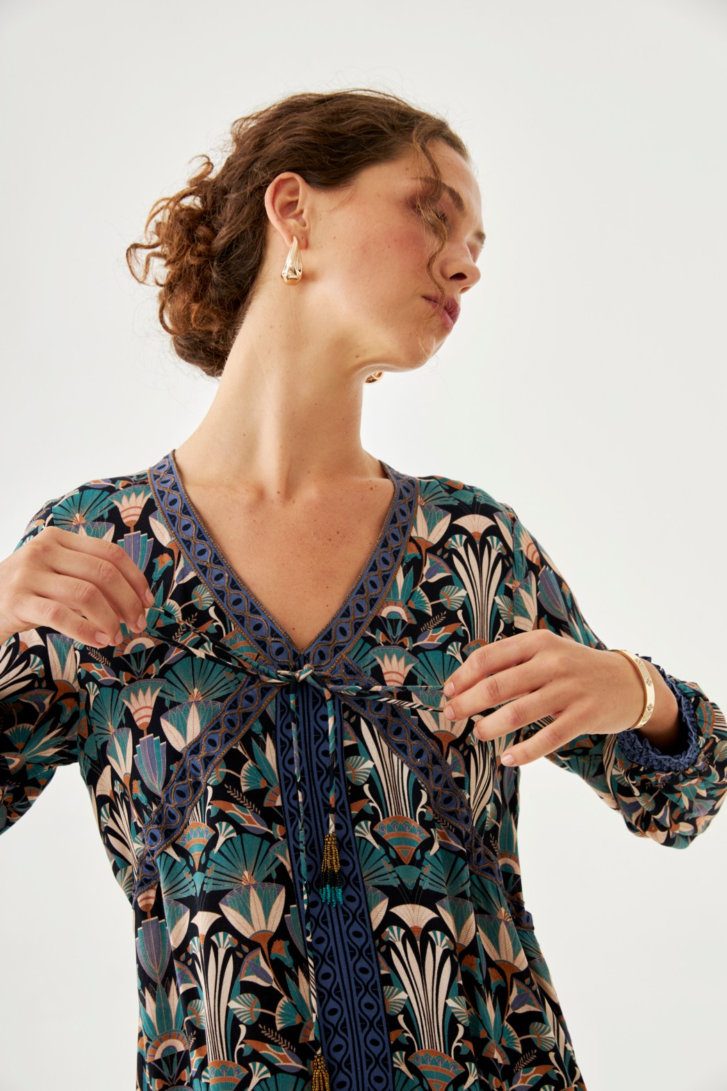 VESTIDO ESTAMPADO NATURE CINTAS BORDADAS - BLUE