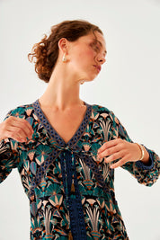 VESTIDO ESTAMPADO NATURE CINTAS BORDADAS - BLUE