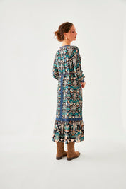 VESTIDO ESTAMPADO NATURE CINTAS BORDADAS - BLUE