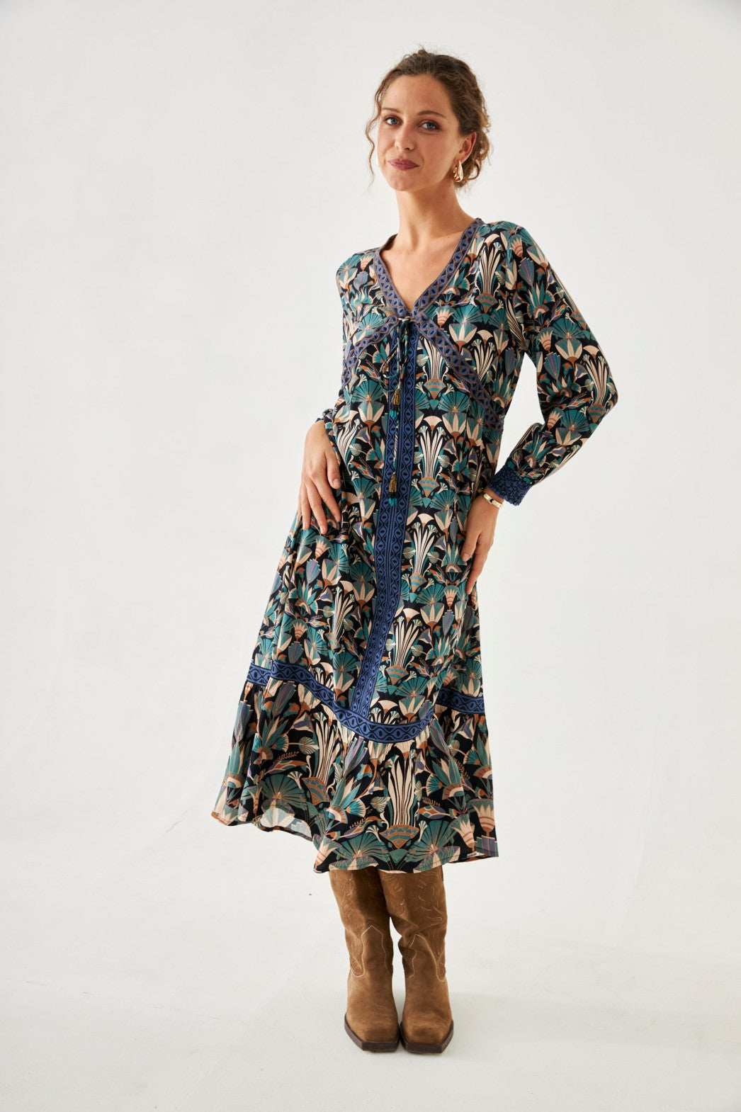 VESTIDO ESTAMPADO NATURE CINTAS BORDADAS - BLUE