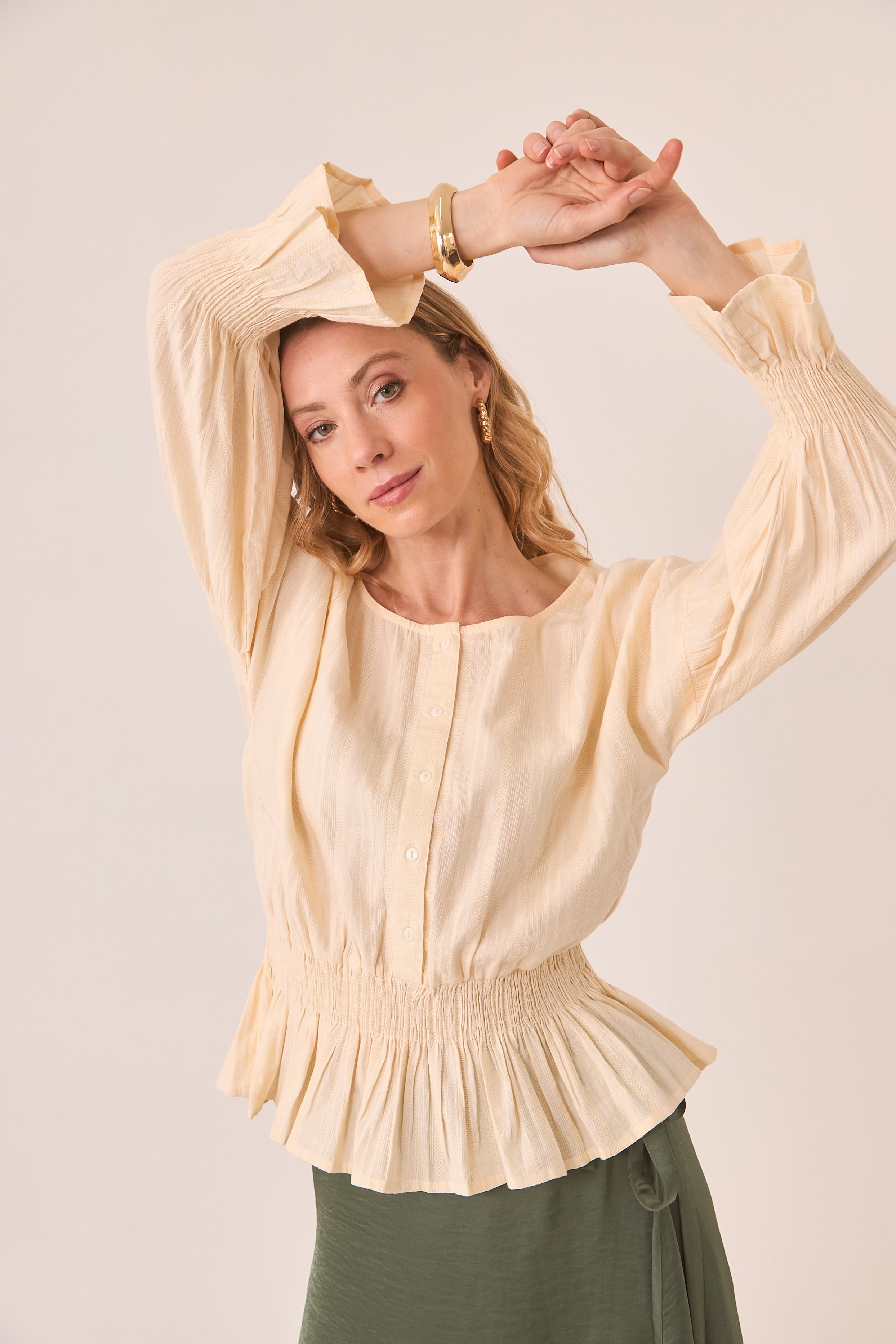 Button-down blouse with gathered waist - ivory