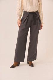 Wide Leg Trousers with Belt - Grey
