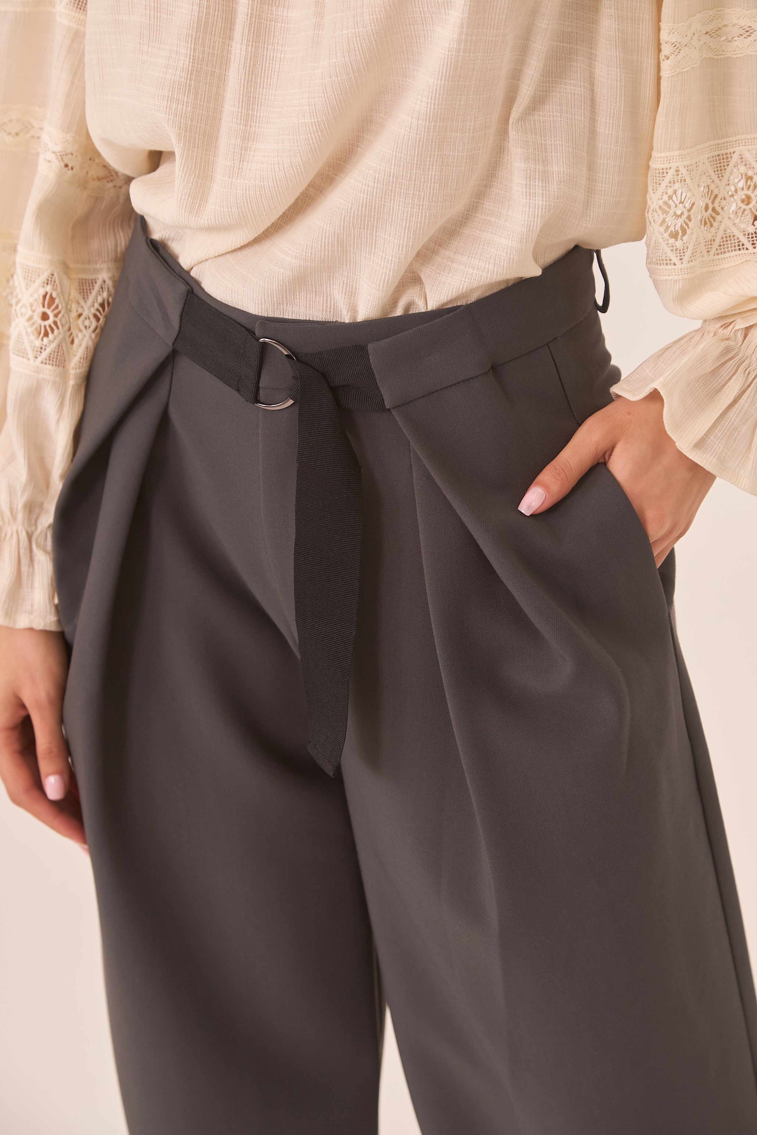 Wide Leg Trousers with Belt - Grey