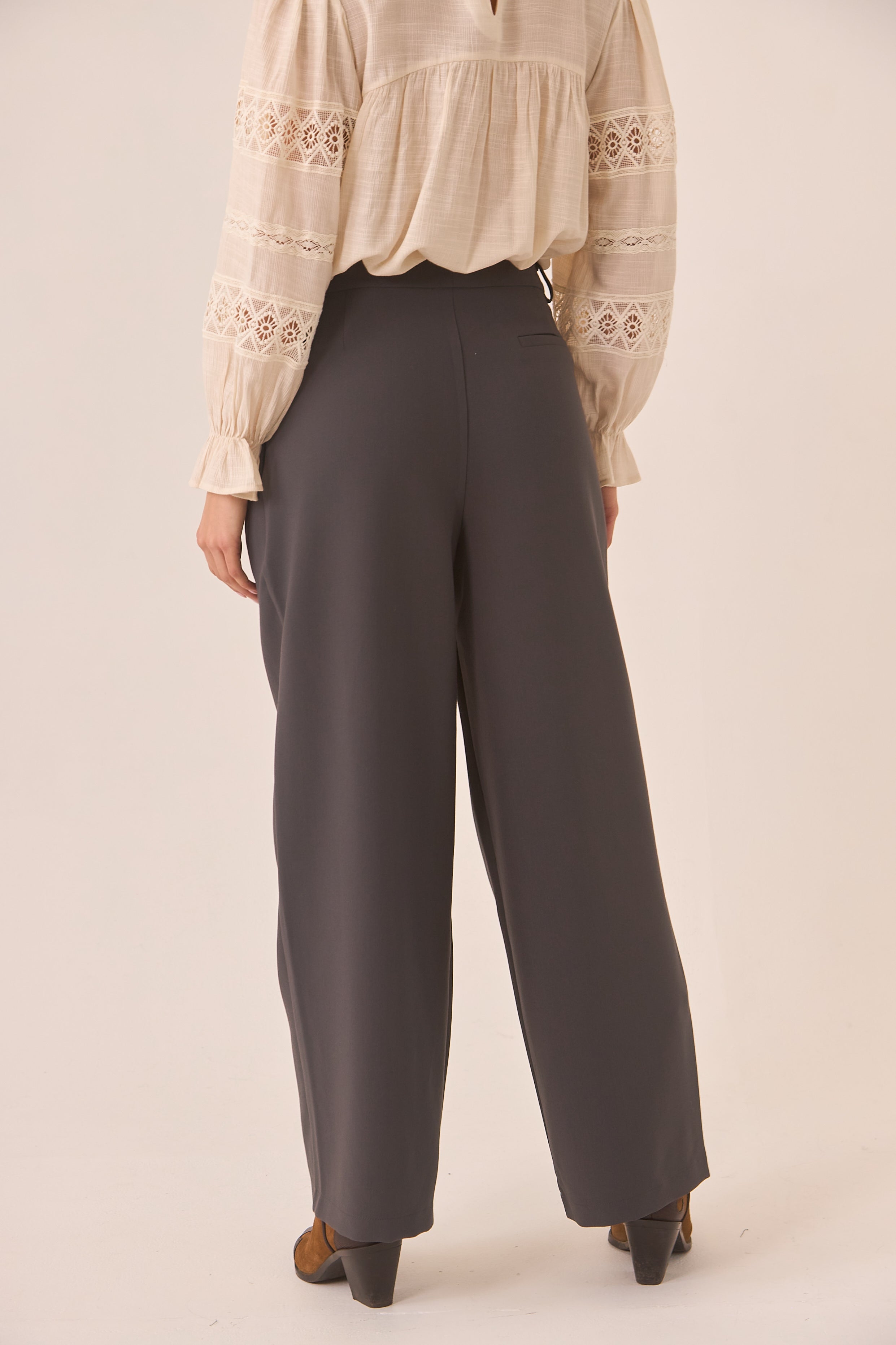 Wide Leg Trousers with Belt - Grey