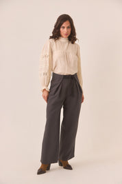 Wide Leg Trousers with Belt - Grey