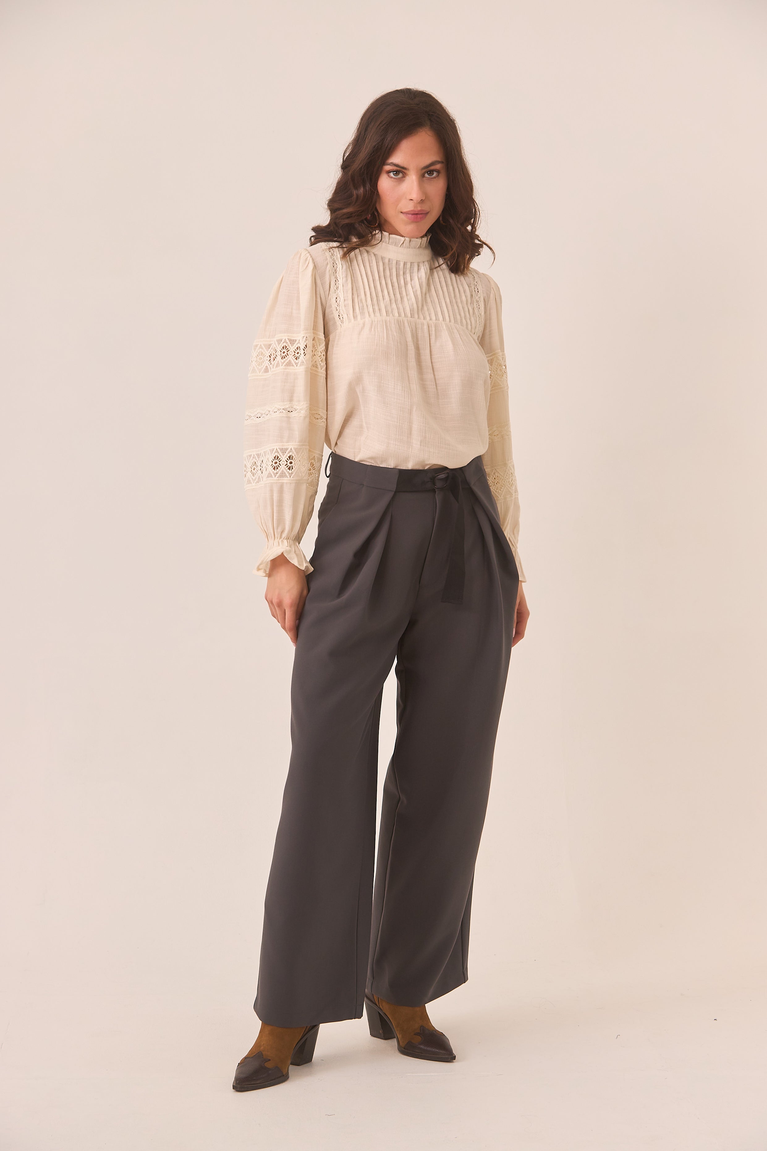 Wide Leg Trousers with Belt - Grey
