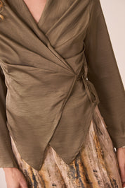 SATIN WRAP BLOUSE - KHAKI