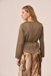 SATIN WRAP BLOUSE - KHAKI