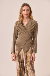 SATIN WRAP BLOUSE - KHAKI
