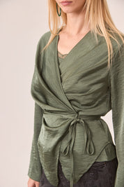 SATIN WRAP BLOUSE - GREEN