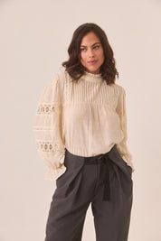 CLOSED NECKLINE BLOUSE WITH PLEATS - IVORY