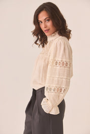 CLOSED NECKLINE BLOUSE WITH PLEATS - IVORY