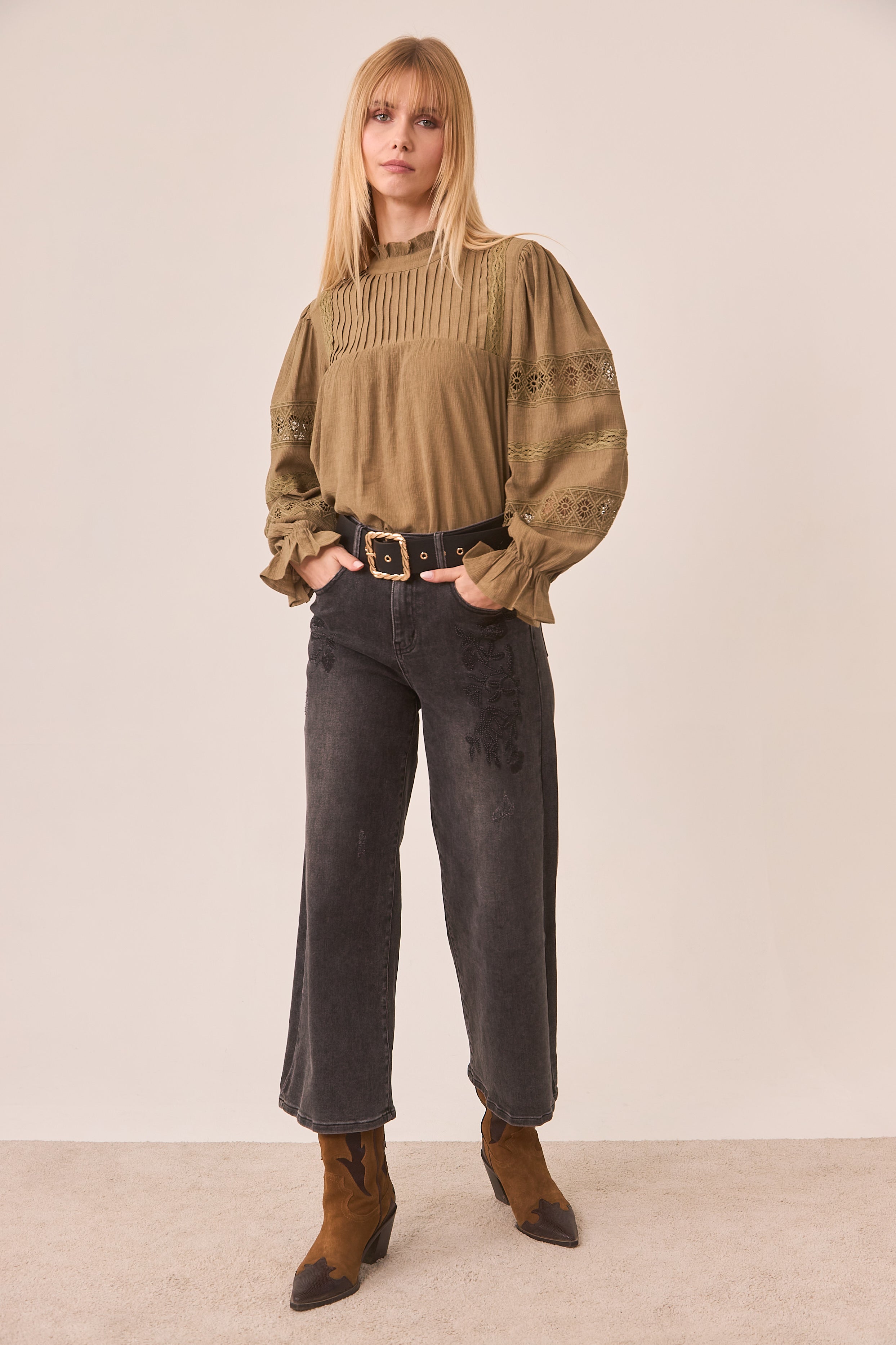 CLOSED NECKLINE BLOUSE WITH PLEATS - KHAKI