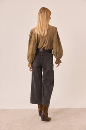 CLOSED NECKLINE BLOUSE WITH PLEATS - KHAKI