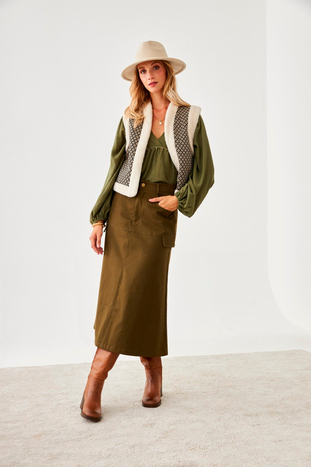 FALDA MIDI CARGO - KHAKI