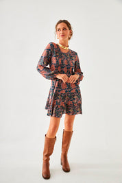 VESTIDO CORTO PLISADOS FLORES - BLUE