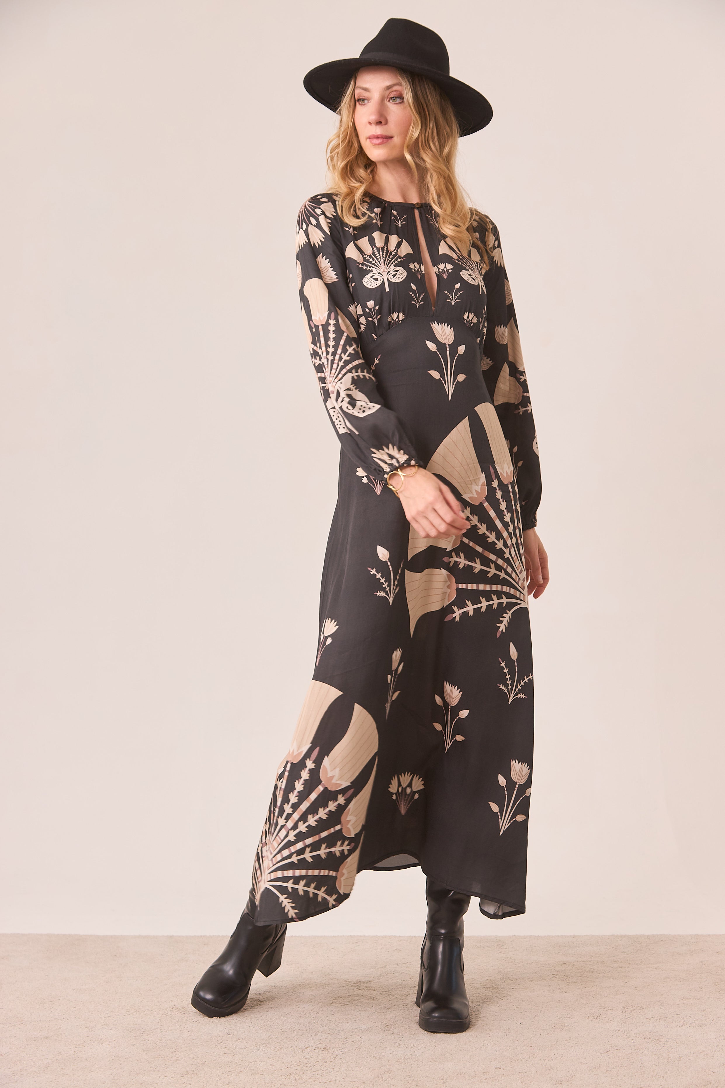 LARGE FLORAL MOTIFS DRESS - BLACK