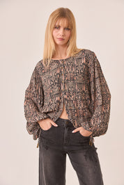 PRINTED BLOUSE WITH BALLOON SLEEVES AND BUTTONS - BLACK