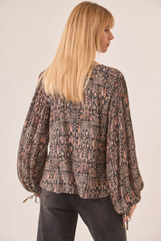 PRINTED BLOUSE WITH BALLOON SLEEVES AND BUTTONS - BLACK