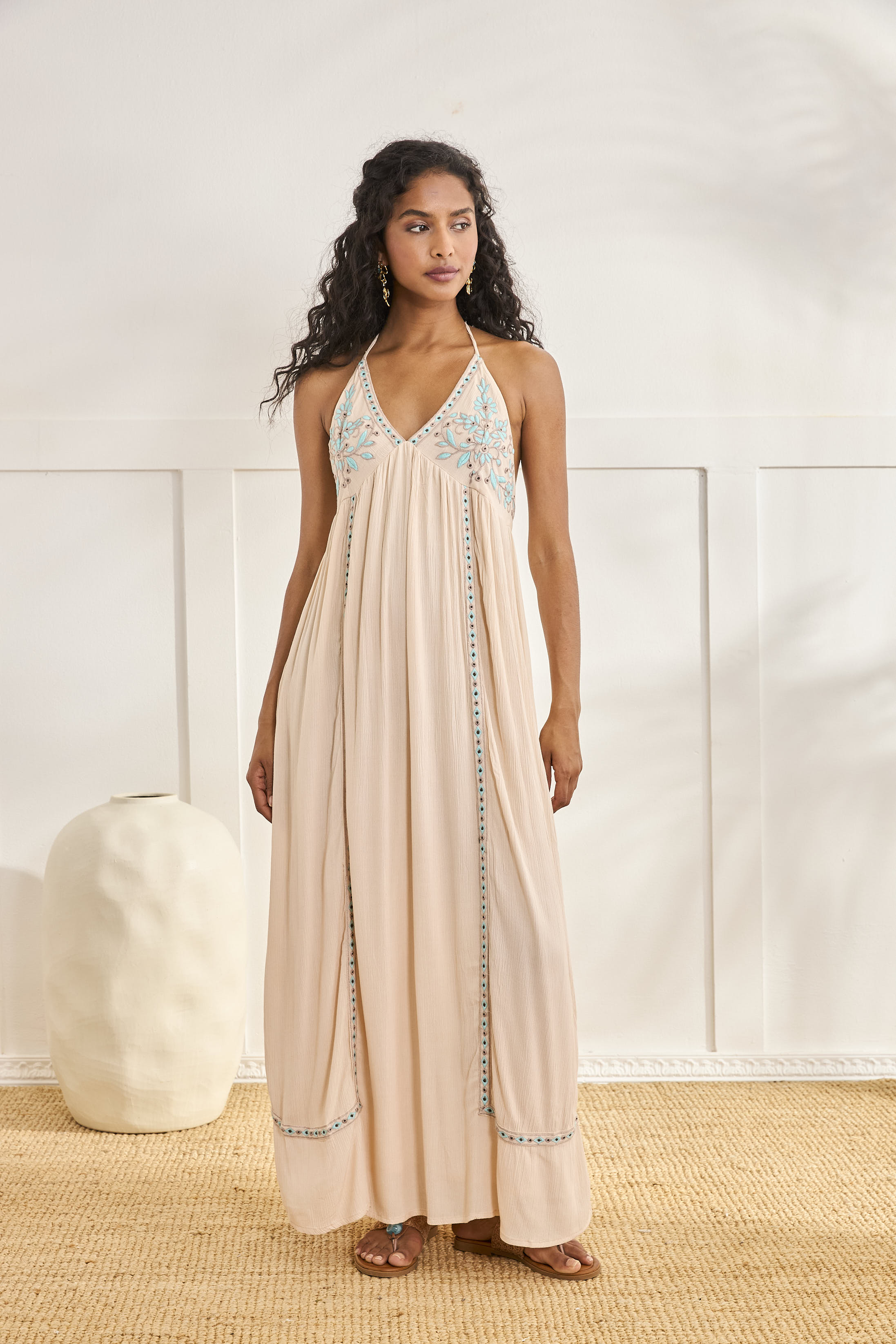 EMBROIDERED HALTER DRESS
