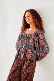 BLUSA PLISADOS FLORES - BLUE