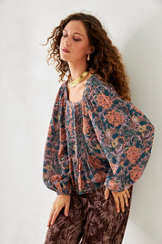 BLUSA PLISADOS FLORES - BLUE