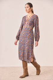 VESTIDO FLORES BORDADOS - BLUE