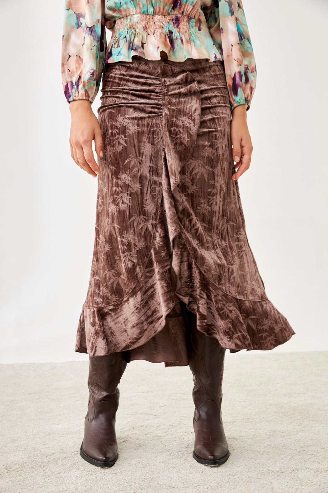 Palm Trees Ruffle Velvet Skirt - Violet