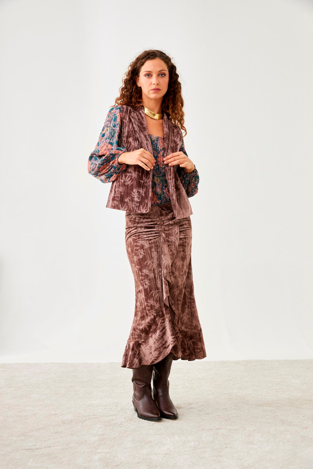 Palm Trees Ruffle Velvet Skirt - Violet