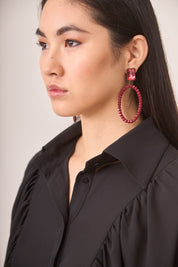 STONE HOOP EARRINGS - BURGUNDY