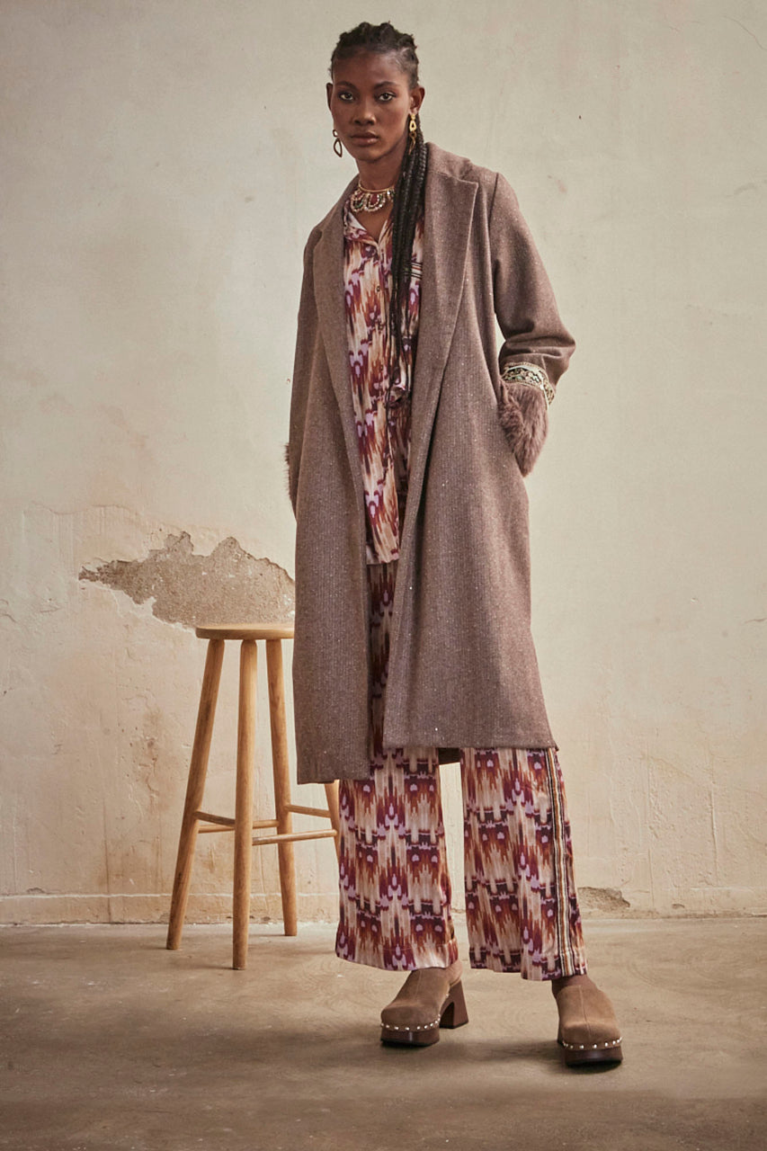 CLOTH COAT WITH FUR CUFF - TAUPE