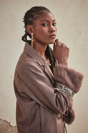 CLOTH COAT WITH FUR CUFF - TAUPE