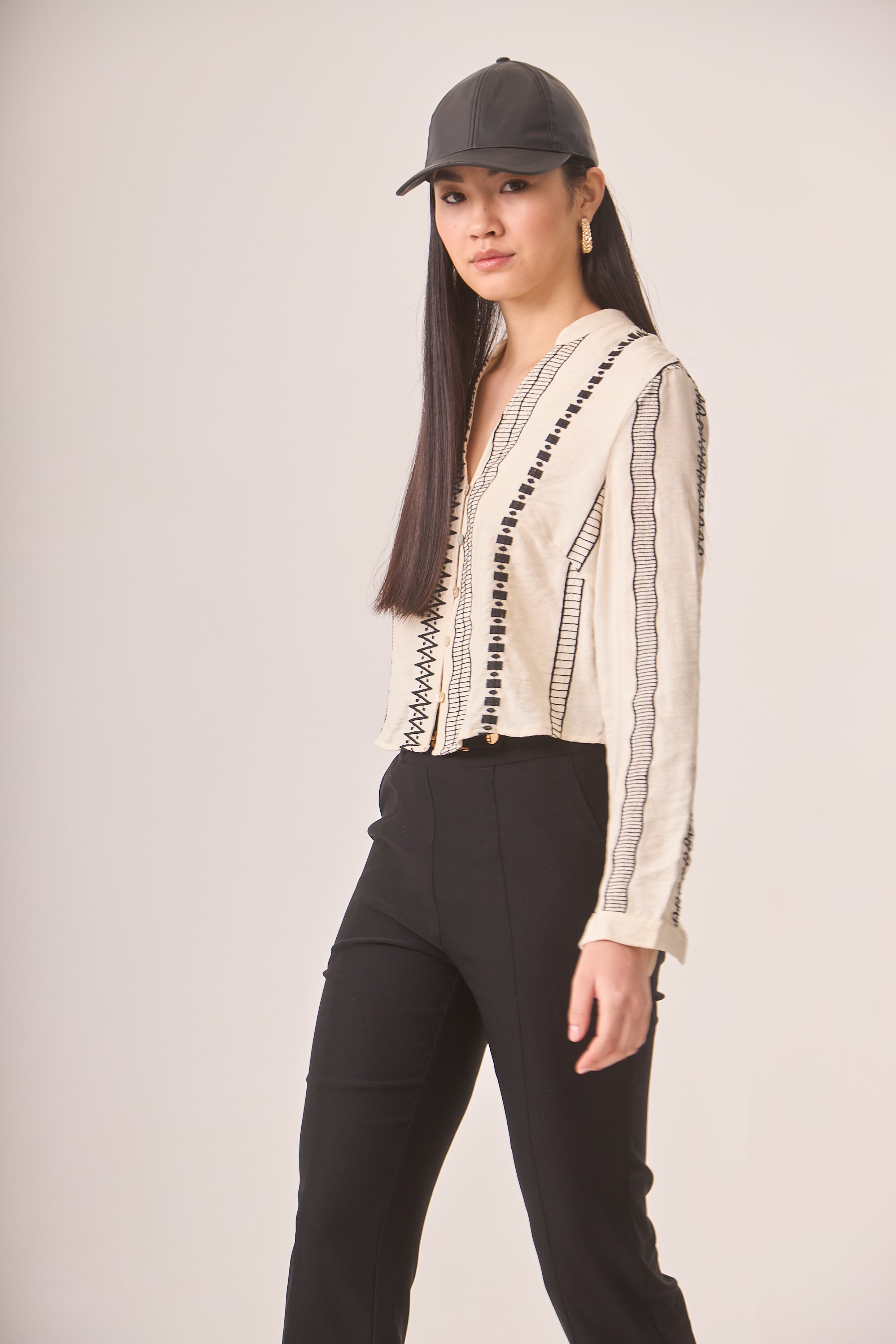 MAO BLOUSE WITH EMBROIDERED BORDERS - IVORY