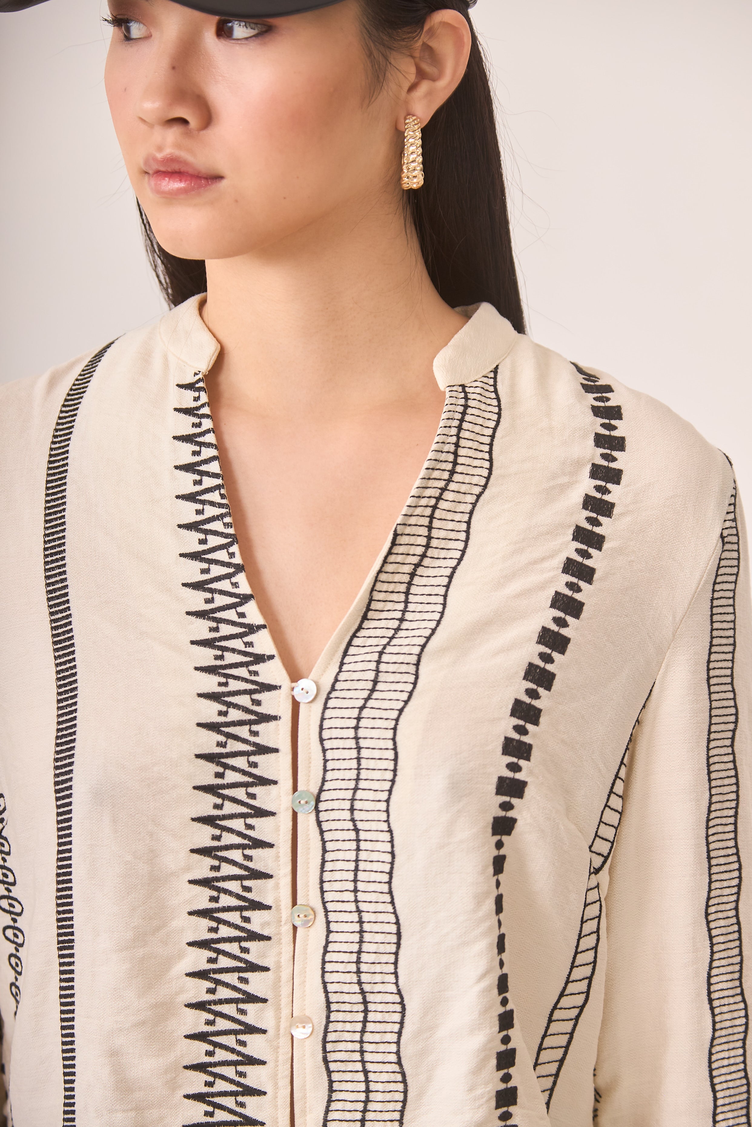 MAO BLOUSE WITH EMBROIDERED BORDERS - IVORY