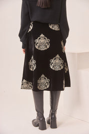 DAMASK EMBROIDERED VELVET SKIRT - BLACK