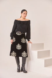 DAMASK EMBROIDERED VELVET SKIRT - BLACK