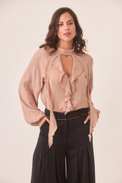 CUT-OUT RUFFLE BLOUSE - PINK