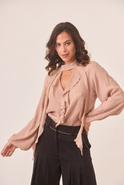 CUT-OUT RUFFLE BLOUSE - PINK