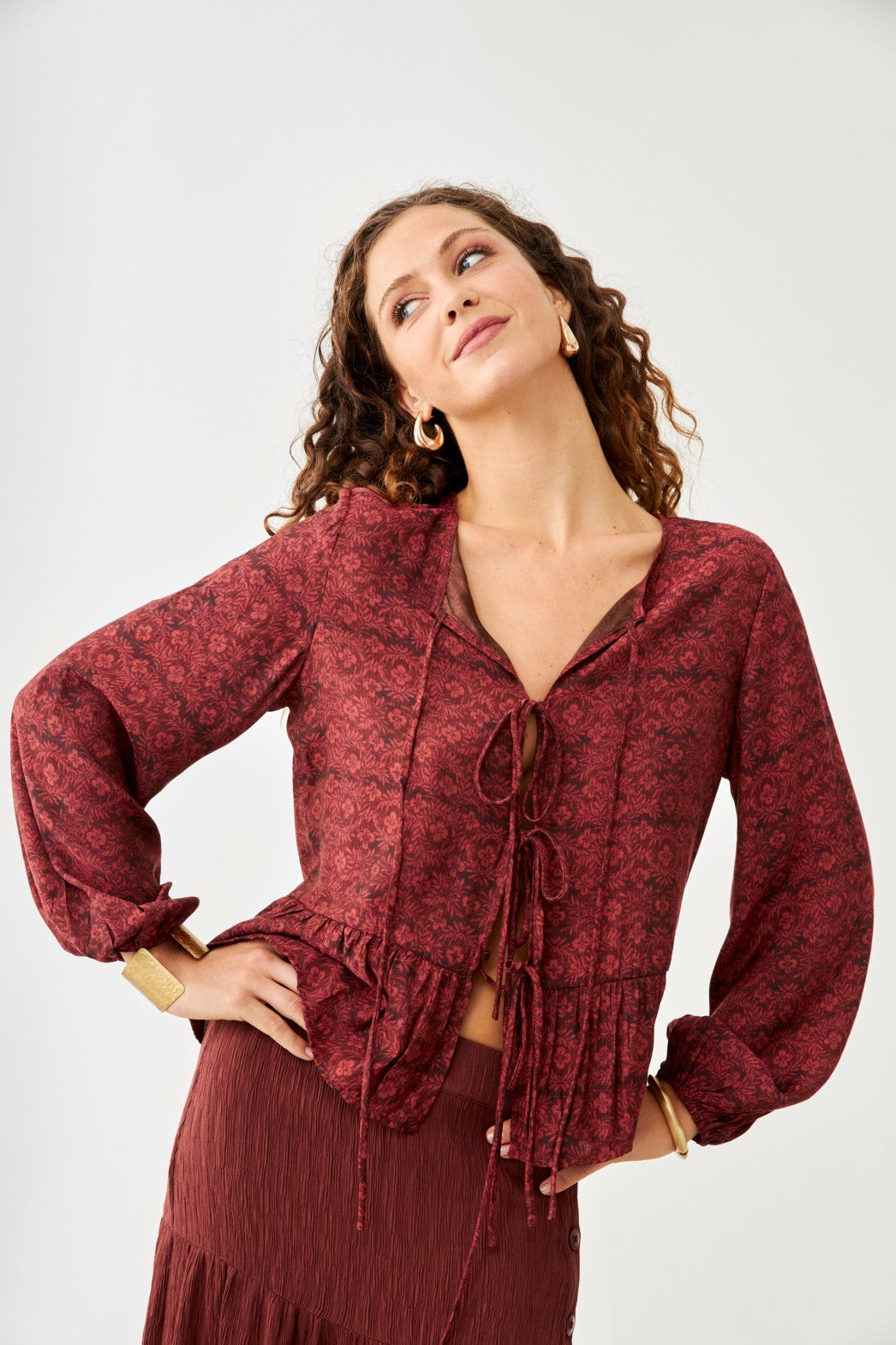 Floral Blouse with Bows - Burgundy