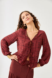 Floral Blouse with Bows - Burgundy